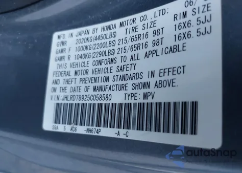 2005 Honda Cr-V Se z USA, uszkodzony, nr VIN JHLRD78925C058580
